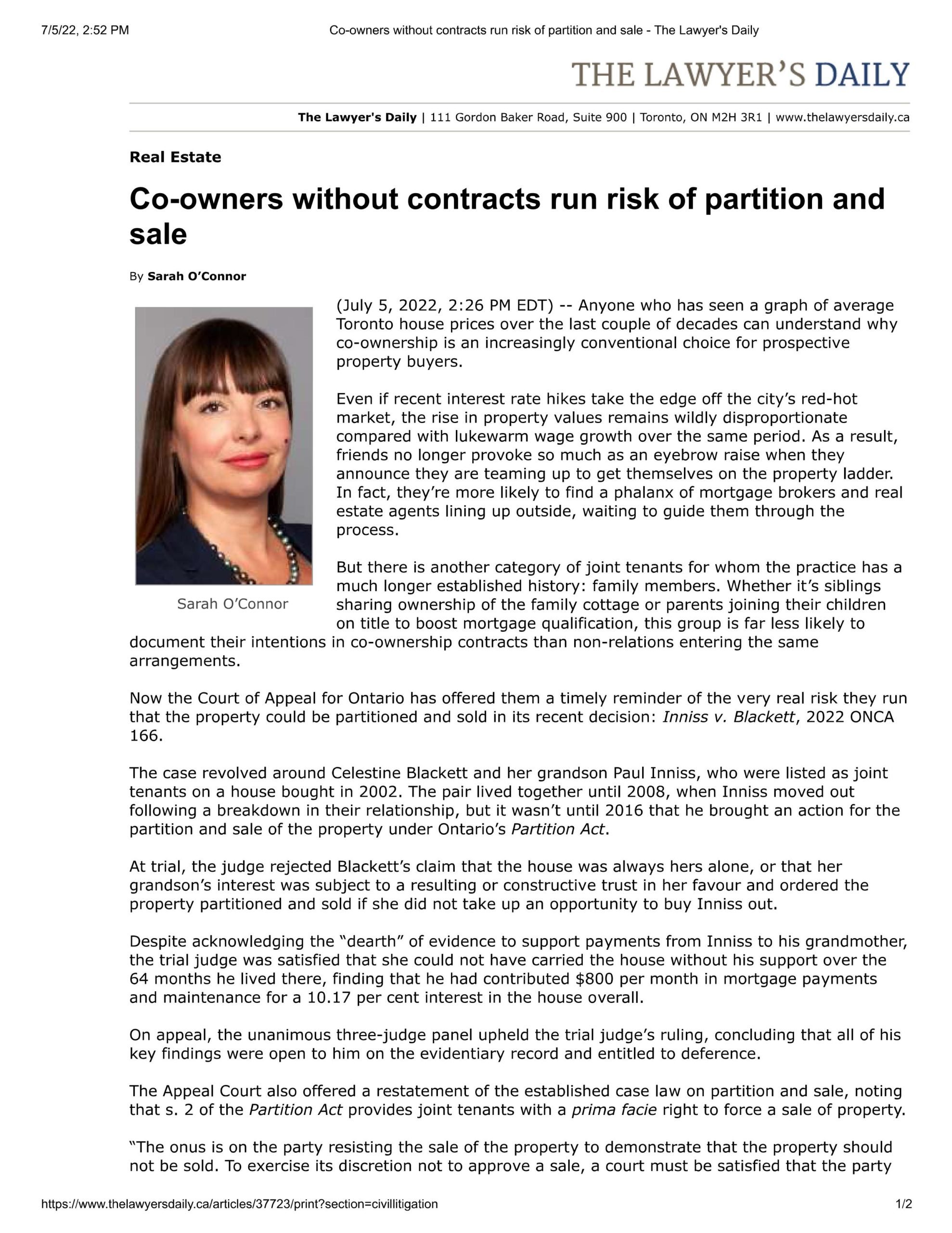  Photo of Sarah O’Connor | Co-owners Without Contracts Run Risk Of Partition And Sale-The Lawyer's Daily